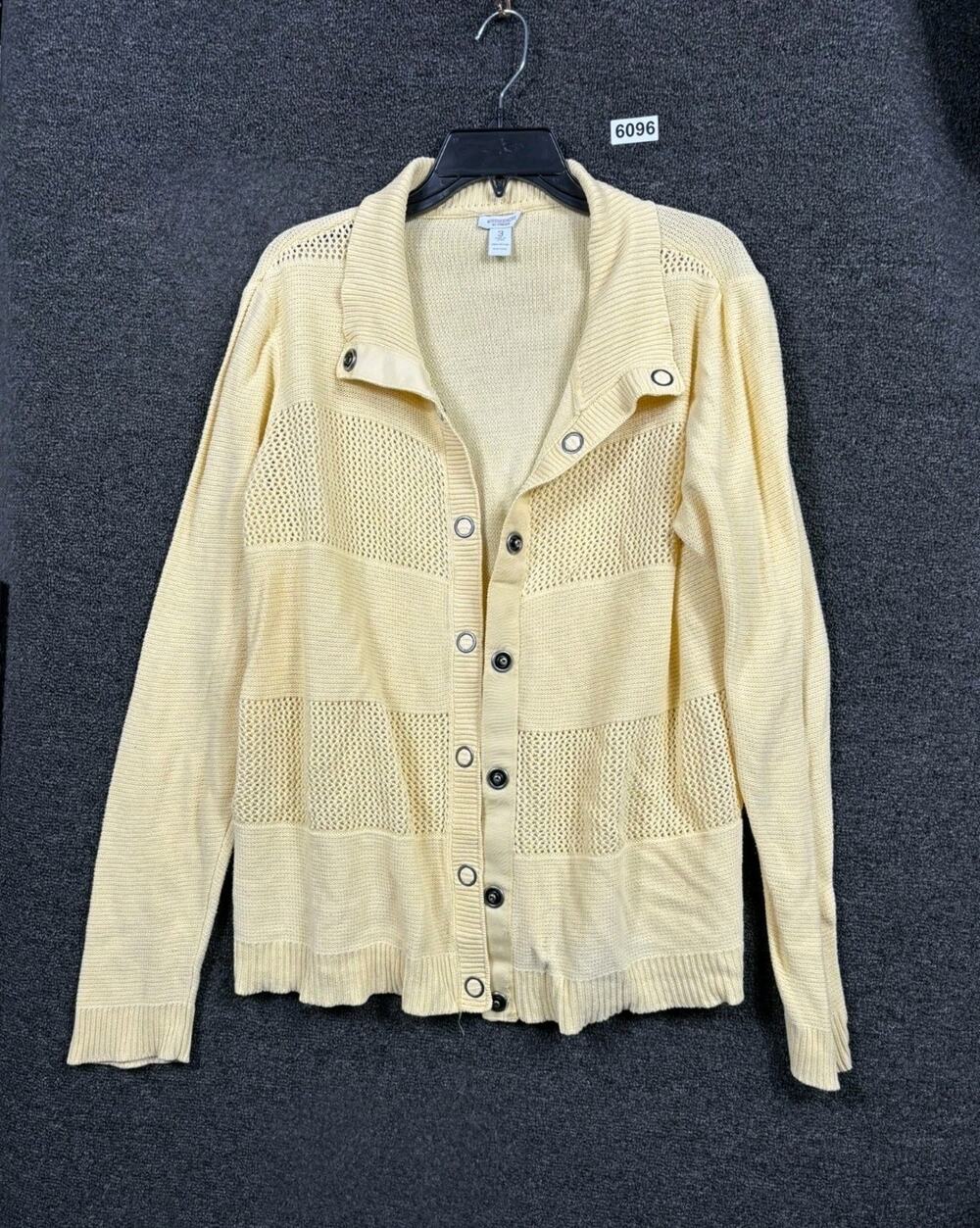 Weekends By Chico's Cardigan Sweater Open Knit Snap Front 3 US XL Yellow *READ